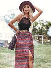 Vacation Ladies' Spliced Fringe Hem Halter Neck Vest And Flower Print Wrapped Knotted Skirt Set, Country Festival Outfits